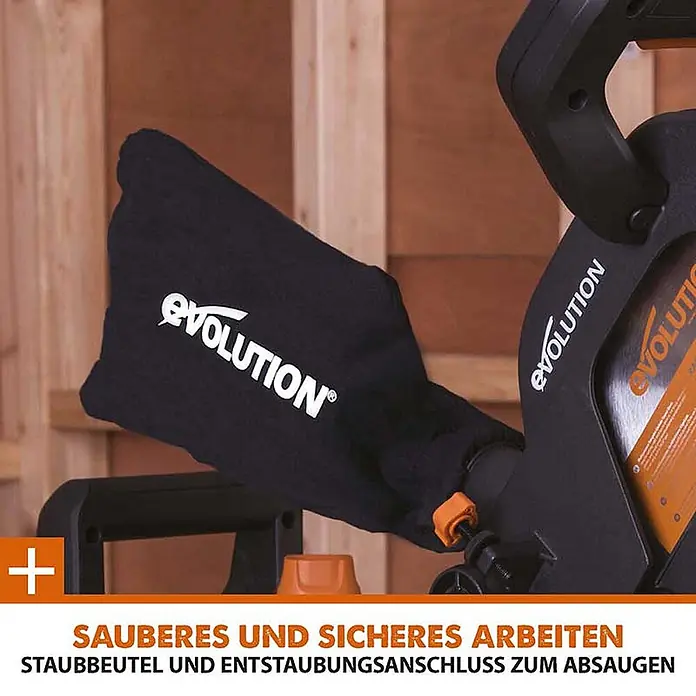Evolution R210SMS-300+ Schiebe-Kapp- und Gehrungssäge 210 mm, TCT-Blatt -  - Schwarzer Evolution Staubbeutel an einem Elektrowerkzeug, sammelt Sägespäne für sauberes Arbeiten.