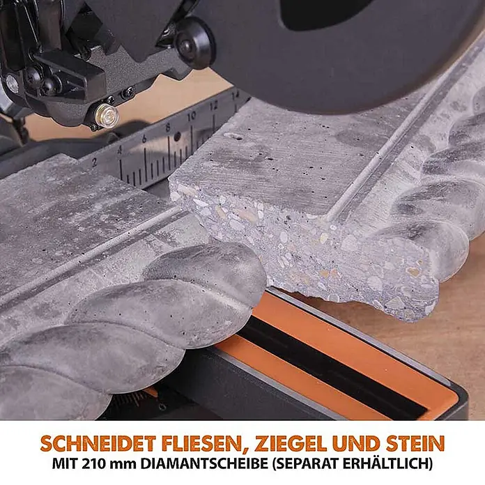 Evolution R210SMS-300+ Schiebe-Kapp- und Gehrungssäge 210 mm, TCT-Blatt -  - Säge schneidet Beton, ideal für Fliesen, Ziegel und Stein mit Diamantscheibe.