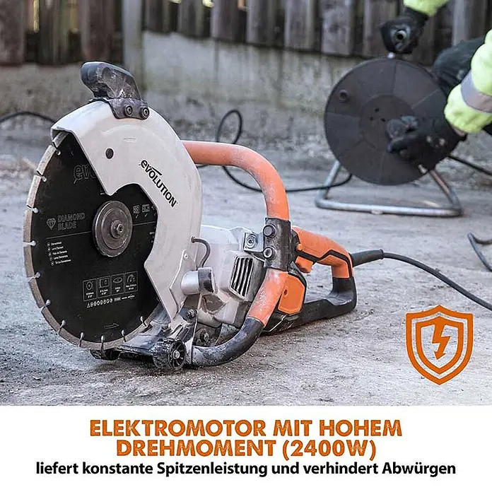 Evolution R300DCT 300 mm 12" Elektro-Betonsäge mit Diamant-Sägeblatt -  - Eine orange-graue Betonsäge mit schwarzem Diamantblatt liegt auf Beton, angetrieben von einem Elektromotor.