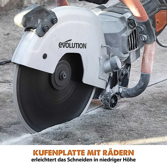 Evolution R300DCT 300 mm 12" Elektro-Betonsäge mit Diamant-Sägeblatt -  - Graue und weiße Evolution Trennsäge schneidet Beton, mit Kufenplatte und Rädern für niedrige Schnitte.