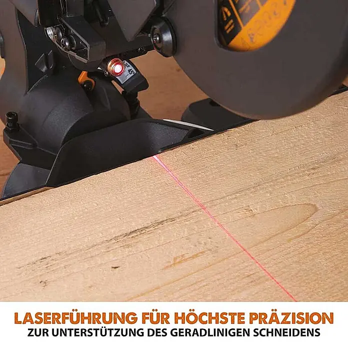 Evolution R210SMS-300+ Schiebe-Kapp- und Gehrungssäge 210 mm, TCT-Blatt -  - Kappsäge mit rotem Laserführungslicht auf einem Holzbrett für präzises Schneiden.