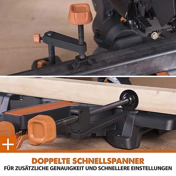 Evolution R210SMS-300+ Schiebe-Kapp- und Gehrungssäge 210 mm, TCT-Blatt -  - Zwei schwarze Schnellspanner mit orangefarbenen Details zum Sichern von Werkstücken an einer Säge für Präzision und schnelle Einstellungen.