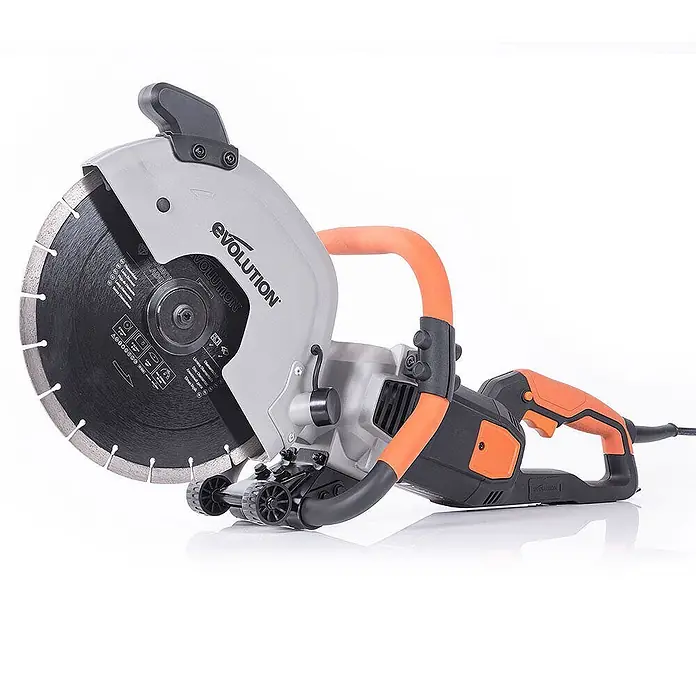 Evolution R300DCT 300 mm 12" Elektro-Betonsäge mit Diamant-Sägeblatt -  - Eine orange-graue Evolution Trennsäge mit großem Diamantblatt und ergonomischen Griffen.
