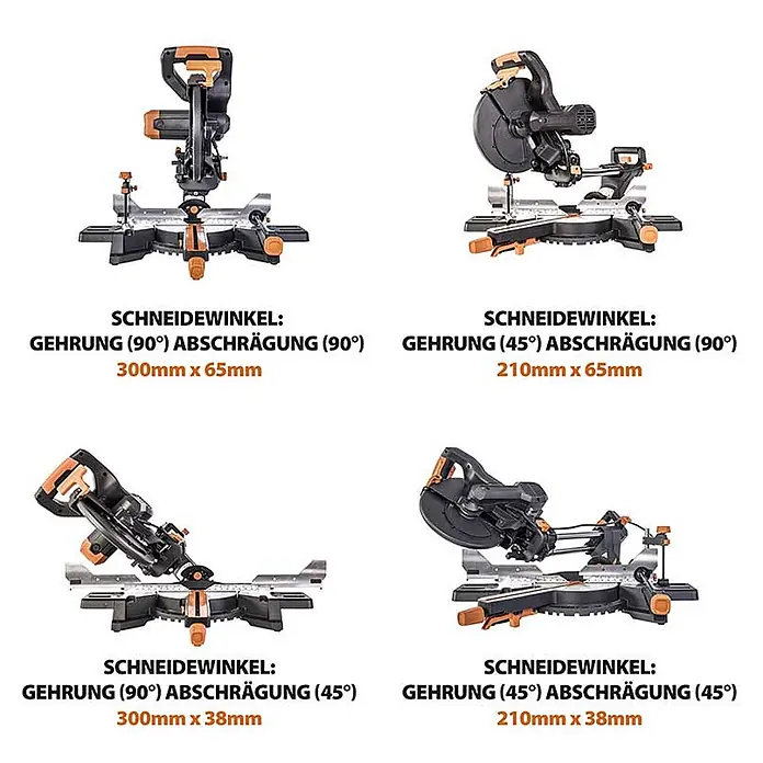 Evolution R210SMS-300+ Schiebe-Kapp- und Gehrungssäge 210 mm, TCT-Blatt -  - Schwarz-orange Kappsäge, die vier verschiedene Schnittwinkelkonfigurationen und Kapazitäten zeigt.