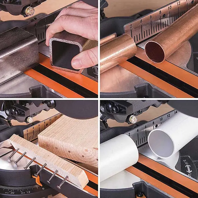 Evolution R210SMS-300+ Schiebe-Kapp- und Gehrungssäge 210 mm, TCT-Blatt -  - Eine Kappsägen-Einrichtung zeigt Schnitte an Vierkantmetallrohr, Kupferrohr, Holz und PVC-Rohr, was ihre Materialvielfalt hervorhebt.
