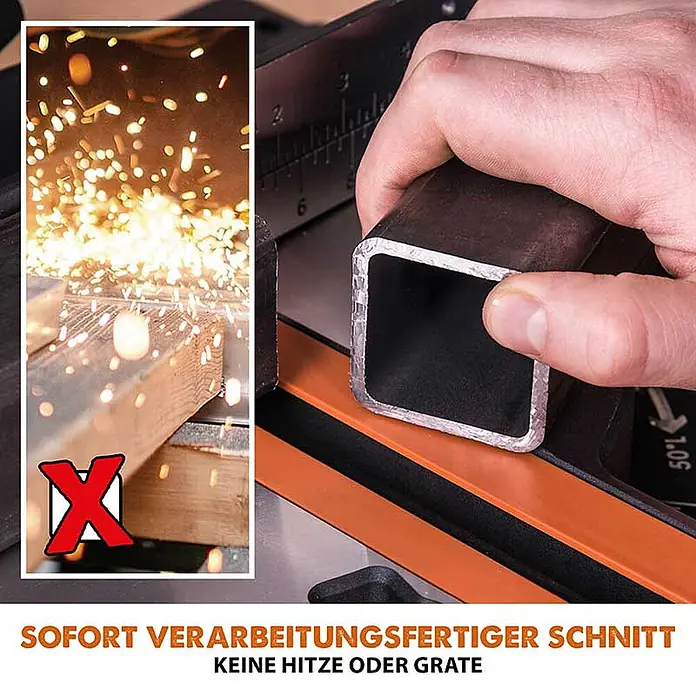 Evolution R185SMS+ Zug-Kapp- und Gehrungssäge 185 mm, TCT-Blatt -  - Hand hält ein sauber geschnittenes Metallrohr, im Gegensatz zu einem funkenfliegenden, unsauberen Schnitt, zeigt gratfreies Arbeiten.
