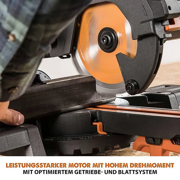Evolution R185SMS+ Zug-Kapp- und Gehrungssäge 185 mm, TCT-Blatt -  - Eine Person benutzt eine schwarz-orange Gehrungssäge mit orangefarbenem Sägeblatt, um ein dickes Metallprofil zu schneiden.