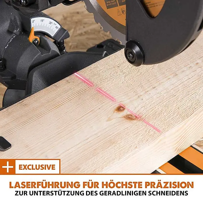 Evolution R185SMS+ Zug-Kapp- und Gehrungssäge 185 mm, TCT-Blatt -  - Eine Kapp- und Gehrungssäge projiziert eine rote Laserlinie auf ein Holzbrett für präzise Schnitte.
