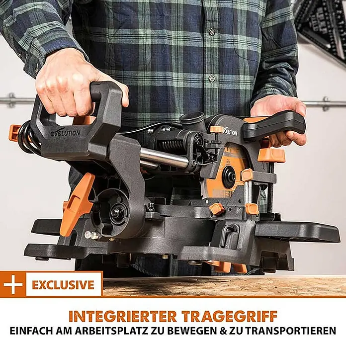 Evolution R185SMS+ Zug-Kapp- und Gehrungssäge 185 mm, TCT-Blatt -  - Eine Person trägt eine schwarze und orange Gehrungssäge am integrierten Griff, was die Tragbarkeit unterstreicht.