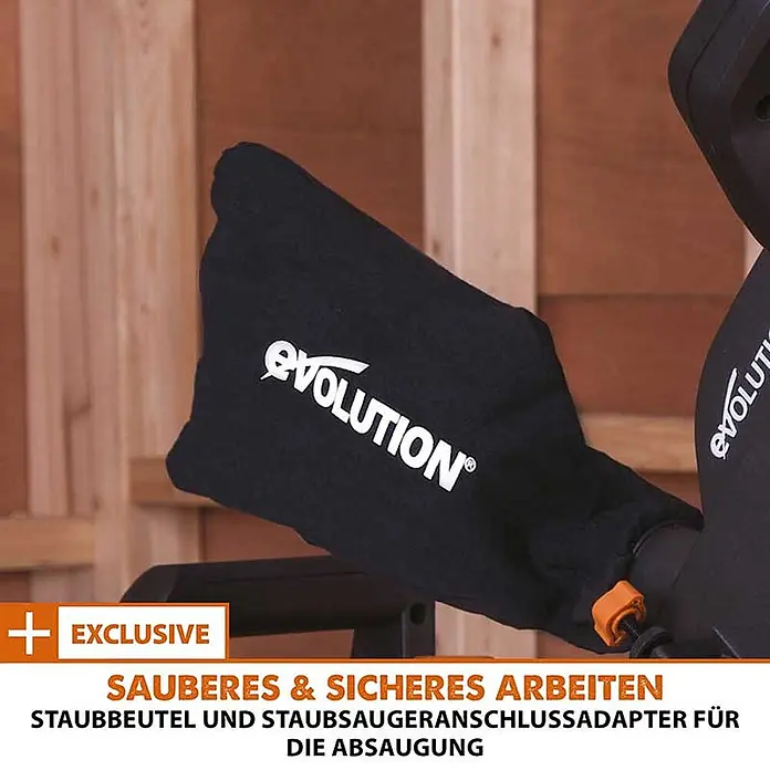 Evolution R185SMS+ Zug-Kapp- und Gehrungssäge 185 mm, TCT-Blatt -  - Schwarzer Evolution Staubbeutel für Elektrowerkzeuge zur Staubabsaugung.