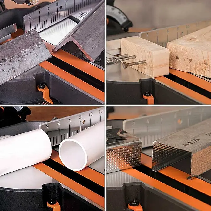 Evolution R185SMS+ Zug-Kapp- und Gehrungssäge 185 mm, TCT-Blatt -  - Gehrungssägen-Plattform mit Skala, zeigt Schnitte an verschiedenen Materialien wie Metall, Holz und Kunststoff.