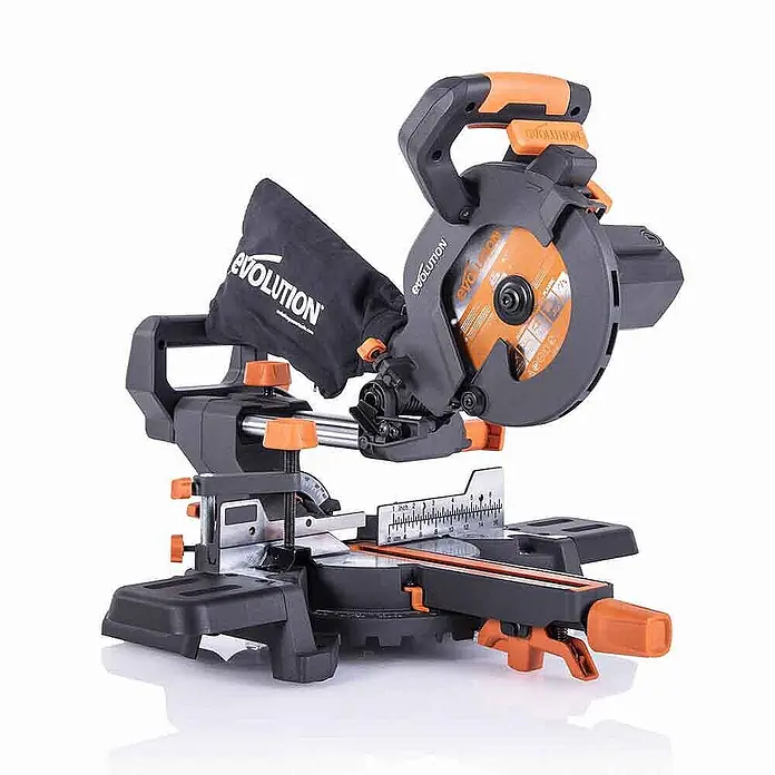 Evolution R185SMS+ Zug-Kapp- und Gehrungssäge 185 mm, TCT-Blatt -  - Schwarze und orangefarbene Evolution Gehrungssäge für präzise Winkelschnitte.