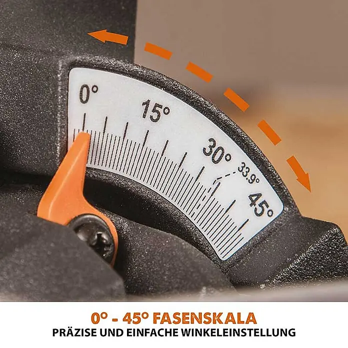 Evolution R185SMS+ Zug-Kapp- und Gehrungssäge 185 mm, TCT-Blatt -  - 0°-45° Fasenskala mit orangefarbenem Anzeiger zur präzisen Winkeleinstellung.