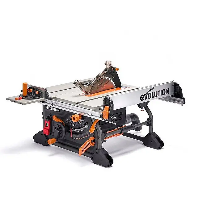 Evolution R255TBL+ Tischkreissäge 255 mm, 1650W, TCT-Blatt, ohne Gestell -  - Schwarze und graue Evolution Tischsäge mit orangefarbenen Akzenten, inklusive Gehrungslehre und Parallelanschlag.