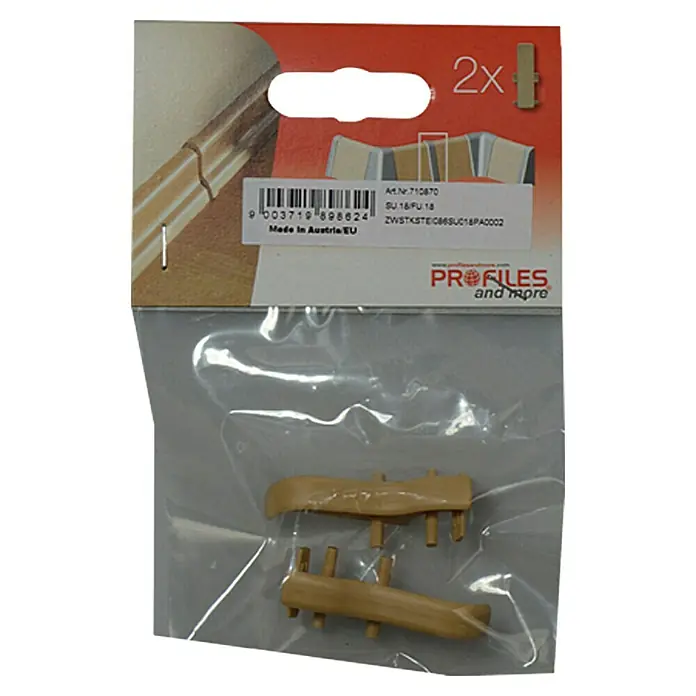 Profiles and more Übergangskappe SU18/FU18 - Eiche Hell, 2 Stk. - Eine Packung mit zwei beigen Eckverbindern von Profiles and more, ideal für die Montage von Sockelleisten und Profilen.