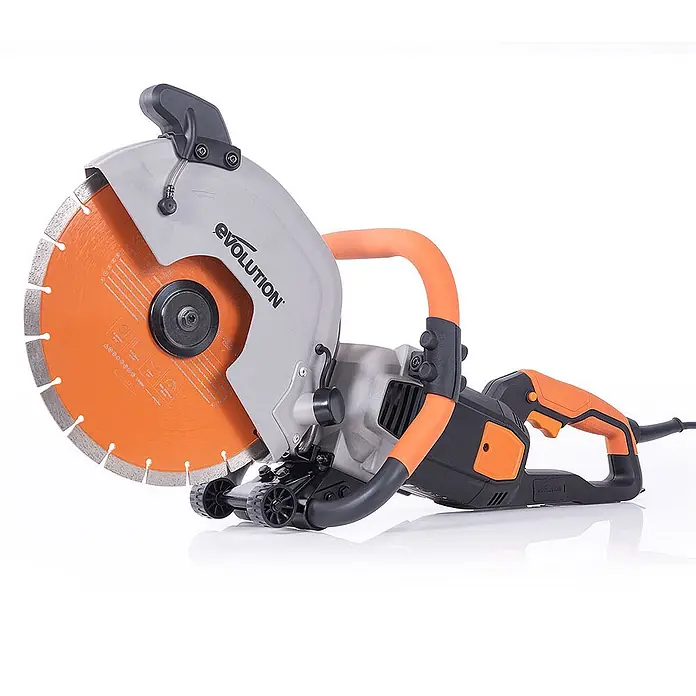 Evolution R300DCT+ Betonsäge 300 mm mit Diamantblatt & Wasserzufuhr -  - Evolution Trennschleifer mit großer oranger Diamantscheibe und grauem Schutz, orange-schwarzen Griffen.