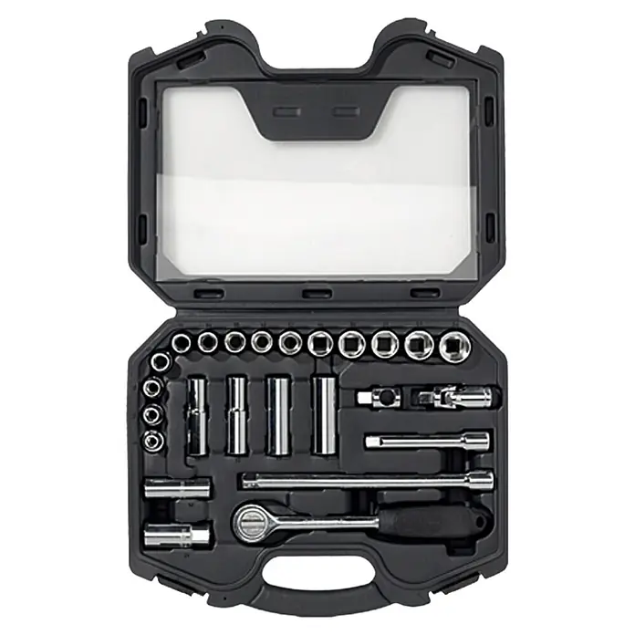 Alpha Tools Set de llaves de vaso WBL - 25 pzs., Tamaño de accionamiento: ½″ - Caja de herramientas con varios vasos y accesorios, ideal para reparaciones y proyectos de bricolaje. Almacenamiento compacto.