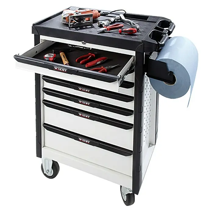 Wisent Werkstattwagen Premium White Edition - L x B x H: 67,8 x 45,9 x 105 cm, Schwarz/Weiß, Stahl - Werkzeugwagen mit mehreren Schubladen, Werkzeugen auf der Ablage und Papierrolle an der Seite.