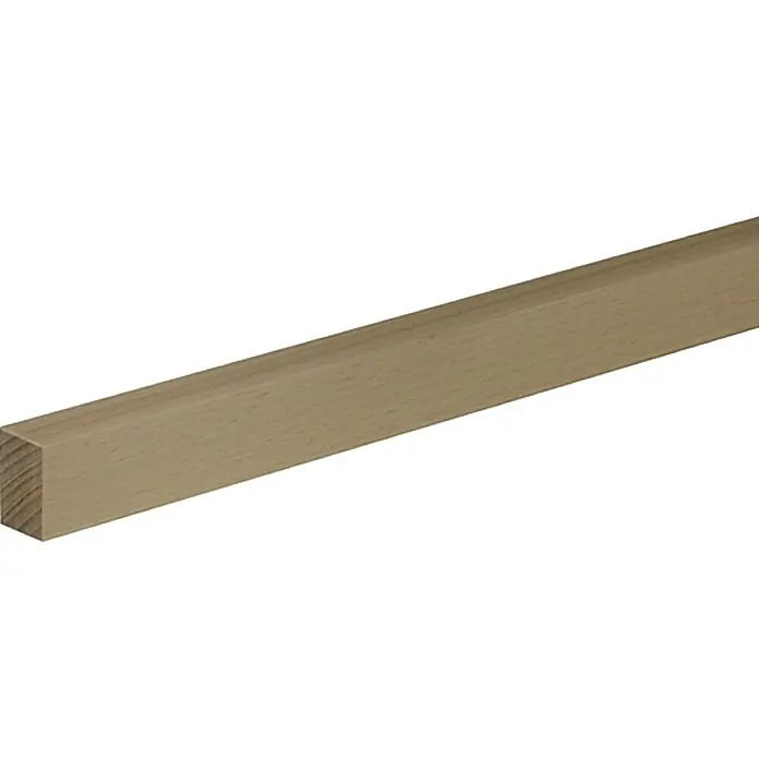 Profiles and more Rechteckleiste - 95 cm x 20 mm x 29 mm, Buche - Holzleiste: Eine rechteckige, hellbraune Holzleiste liegt diagonal auf einem weißen Hintergrund und zeigt Details wie die Holzmaserung.