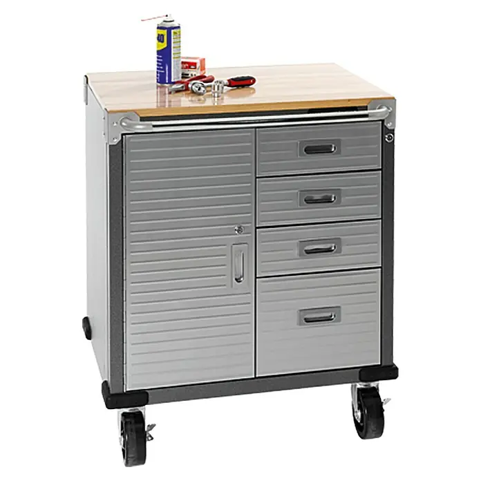 Wisent Werkstattwagen - L x B x H: 51 x 71 x 88 cm, Anzahl Schubladen: 4 Stk., Stahl - Ein grauer Werkzeugwagen mit Holzplatte, Schubladen und Schrankfach, ideal für die Werkstatt.