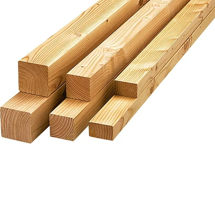 Rahmenholz I - 300 x 7 x 7 cm, Douglasie - Ein Stapel von frisch gesägten Kanthölzern aus hellem Holz, ideal für Bauprojekte. Die Holzmaserung ist gut sichtbar.