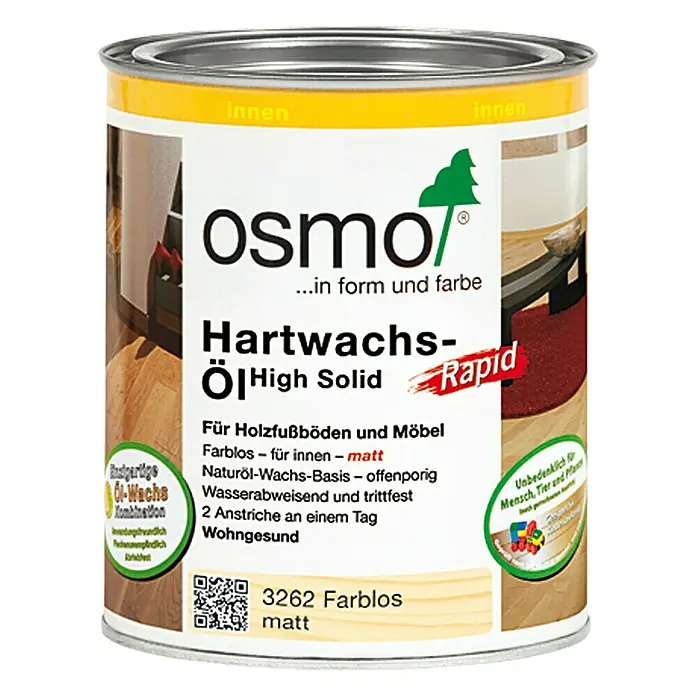 Osmo High Solid Hartwachsöl Rapid - Farblos, 750 ml, Matt - Dose Osmo Hartwachs-Öl High Solid Rapid, farblos, für Holzfußböden und Möbel im Innenbereich. Natürliche Öl-Wachs-Basis, wasserabweisend und trittfest.