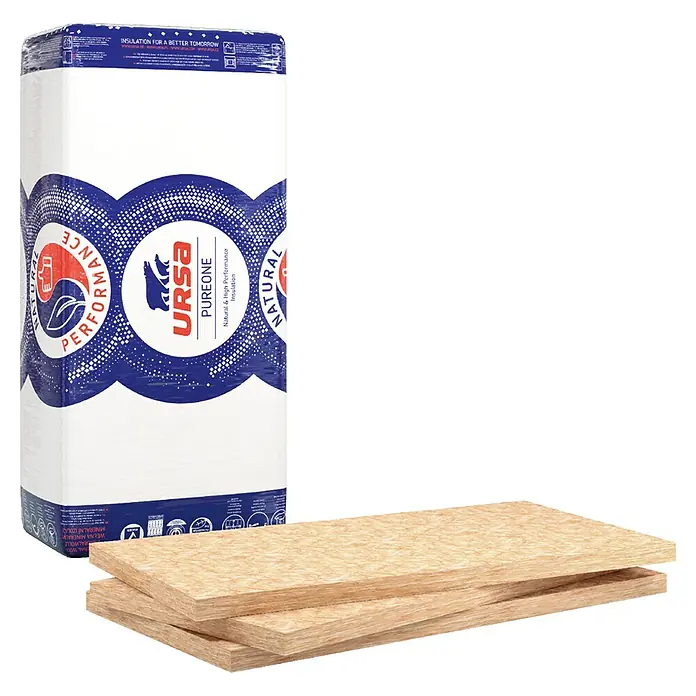 Ursa PureOne Glaswolle Trennwandplatte 037 - Stärke: 60 mm, Wärmeleitfähigkeit: 0,038 W/(mK) - Ein Paket URSA Pureone Dämmwolle mit Holzfaserplatten, die natürliche und hochleistungsfähige Dämmung für ein besseres Zuhause bieten.