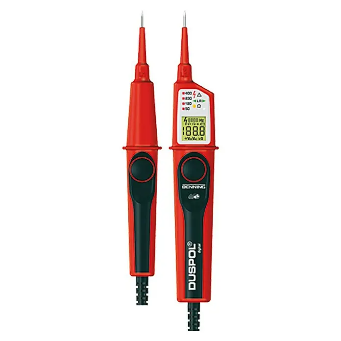 Benning Spannungsprüfer Duspol digital - Messbereich Frequenz: 1 Hz - 1.000 Hz, Schutzart: IP65 - Ein DUSPOL digital Spannungsprüfer von BENNING, rot mit Messspitzen und Display zur Anzeige von Spannungswerten und Frequenz.