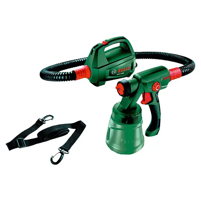 Bosch Sistema de pulverización de pintura PFS 1000 - Apto para: Esmaltes, Absorción nominal de corriente: 410 W, 800 ml - Imagen de un sistema de pulverización de pintura Bosch PFS 2000 con soplador y correa de transporte, ideal para la aplicación precisa de pinturas y barnices.