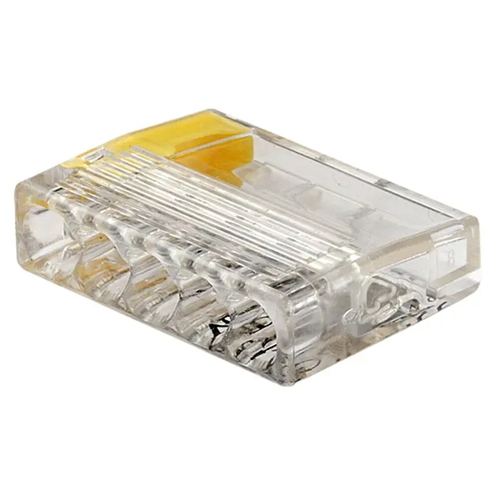 Profi Depot Steckklemmen-Box Kompakt - 150 Stk., 1 mm² - 2,5 mm² - Eine Nahaufnahme eines transparenten, rechteckigen Wago-Klemmenblocks mit gelbem Hebel. Ideal für elektrische Verbindungen.