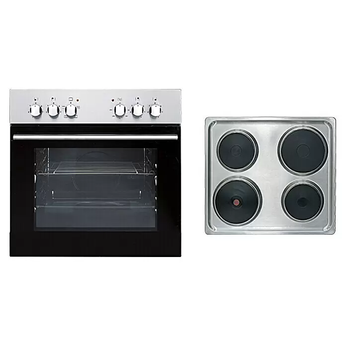 Respekta Composición de cocina Petunia - Ancho: 280 cm, Blanco, Con electrodomésticos, Horno Campana extractora Lavavajillas Placa de cocción Frigorífico Fregadero empotrado de acero inoxidable - Horno eléctrico de acero inoxidable con puerta de cristal negro y placa eléctrica de cuatro fuegos a juego.
