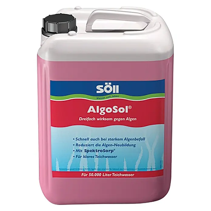 Söll Algenvernichter AlgoSol - 2,5 l - Kanister Söll AlgoSol, ein dreifach wirksames Mittel gegen Algen für klares Teichwasser, geeignet für 50.000 Liter Teichwasser.