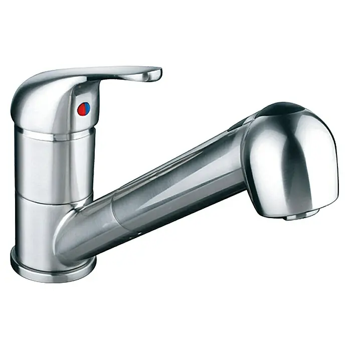 Camargue Spültischarmatur Aragon - Edelstahl, Matt - Bild einer Küchenarmatur aus Edelstahl mit ausziehbarer Brause und Einhebelmischer für warmes und kaltes Wasser.