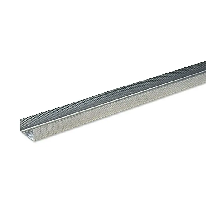 Knauf UW-Rahmenprofil - 4.000 x 75 x 40 mm, Stahl - Nahaufnahme eines U-förmigen Gipskartonprofils aus Metall mit gelöcherten Oberflächen, das für Bau- und Renovierungsprojekte geeignet ist.
