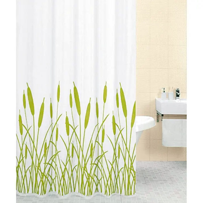 Venus Duschvorhang Schilf - B x H: 180 x 200 cm, Textil, Weiß/Grün - Weiße Duschvorhang mit einem grünen Rohrkolbenmotiv, das eine frische Note in jedes Badezimmer bringt. Der Duschvorhang ist wasserabweisend und pflegeleicht.