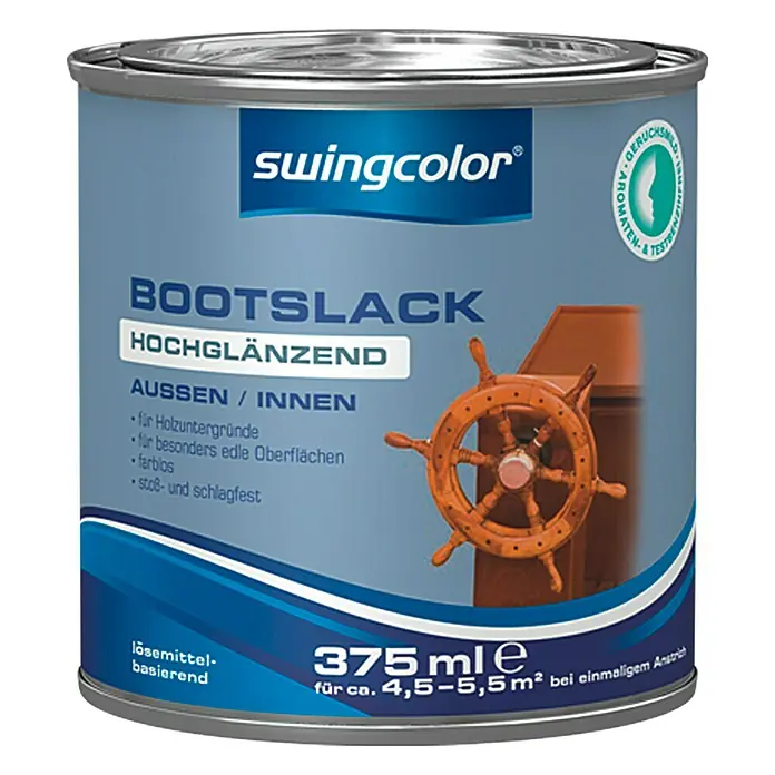 swingcolor Bootslack - Farblos, Hochglänzend, 375 ml, Lösemittelbasiert - Dose Bootslack von Swingcolor, hochglänzend, für Holzuntergründe, farblos und stoßfest, Inhalt 375 ml, ideal für Innen- und Außenbereiche.