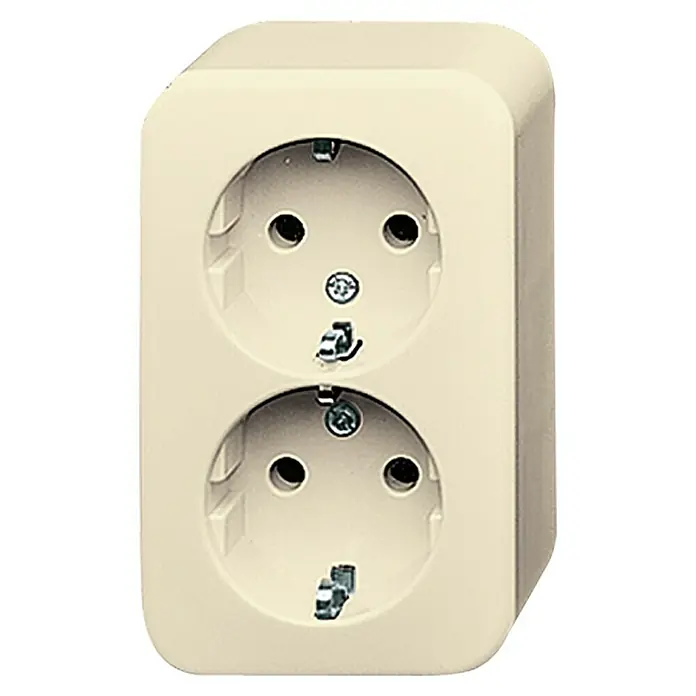 Busch-Jaeger Duro 2000 AP Steckdose 202 EAP/11 - Elektroweiß, Kunststoff, Aufputzmontage - Doppelsteckdose mit Schuko-System in cremefarbenem Kunststoffgehäuse für sichere Stromversorgung im Innenbereich.