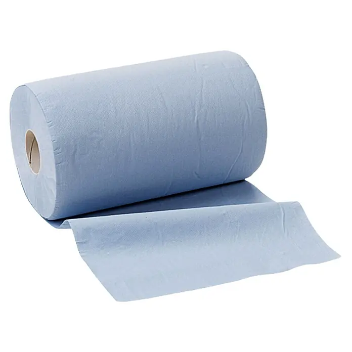Putztuchrolle - 176 m x 36 cm, Anzahl Lagen: 2 Stk. - Eine Rolle blauer Papierhandtücher, die teilweise abgerollt sind, liegt vor einem weißen Hintergrund.