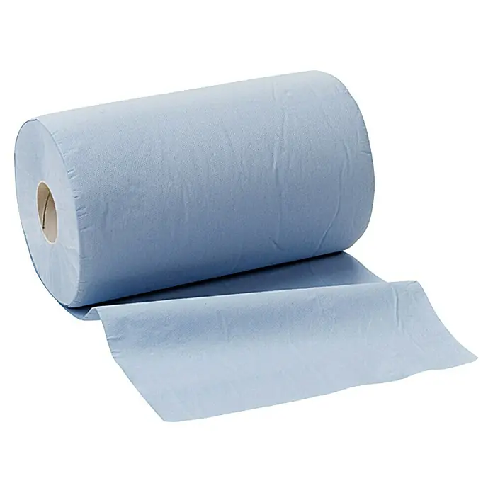 Putztuchrolle - 176 m x 36 cm, Anzahl Lagen: 2 Stk. - Eine Rolle blauer Papierhandtücher, die teilweise abgerollt sind, liegt vor einem weißen Hintergrund.