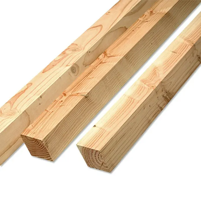 Profilholz Rhombus - 200 x 7 x 2,8 cm, Douglasie - Drei entrindete Holzstücke, die sich ideal für Bauprojekte eignen, mit einer klaren Holzmaserung und natürlichen Farbe.