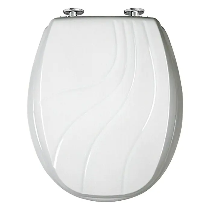 Kan WC-Sitz 2001 Exclusive - Holz, Relief Weiß, Mit Absenkautomatik - Elegantes WC-Sitz-Design. Der weiße WC-Sitz verfügt über dezente, wellenförmige Details und Chrombeschläge, die jedem Badezimmer einen Hauch von Stil verleihen.