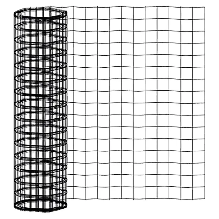 Valla de alambre BAUHAUS - 20 x 1 m, Antracita - Imagen de un rollo de malla metálica, parcialmente desenrollado, mostrando el patrón de la cuadrícula. Ideal para jardinería y cría de animales.