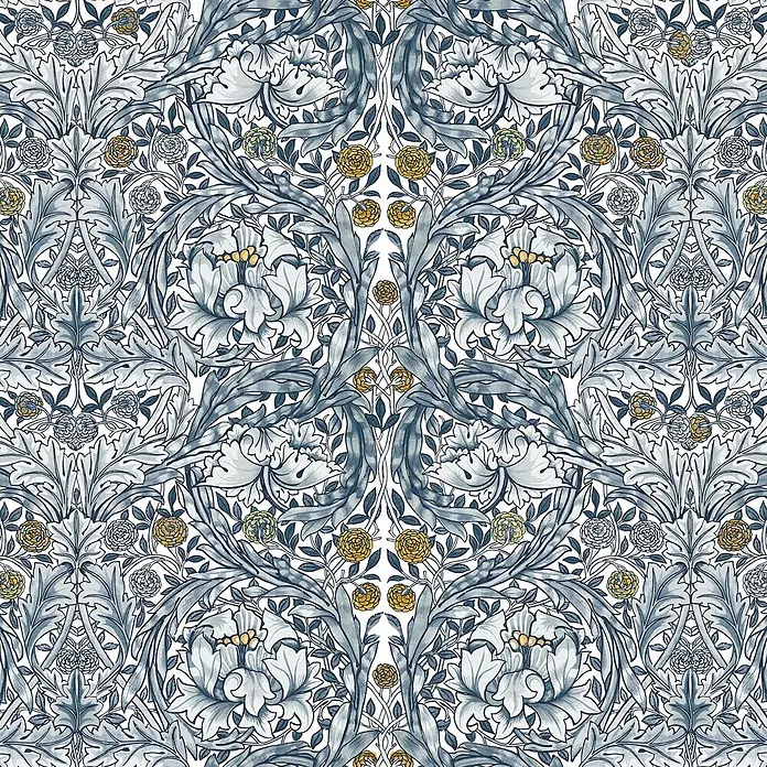 William Morris At Home Fototapete African Marigold - Blau - Nahtloses Blumenmuster mit blau-grauen Blättern, weißen Blüten und kleinen gelben Akzenten.