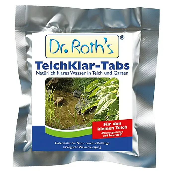 Söll Reinigungstabs Dr. Roth's Teichklar4 Stk. - Bild einer Packung Dr. Roth's TeichKlar-Tabs zur natürlichen Klärung von Gartenteichen durch biologische Wasserreinigung.