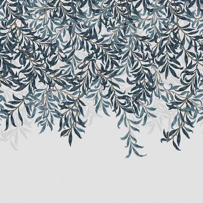 William Morris At Home Fototapete Willow Bough - Blau - Kaskadierendes Muster aus dunkel- und hellblauen stilisierten Weidenblättern mit braunen Stielen.