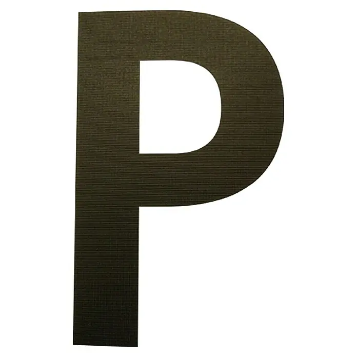 Folienzeichen - Buchstabe P, 10 cm, PVC, Schwarz - Brauner Buchstabe P mit horizontaler Textur, der sich für Beschilderungen oder dekorative Zwecke eignet.