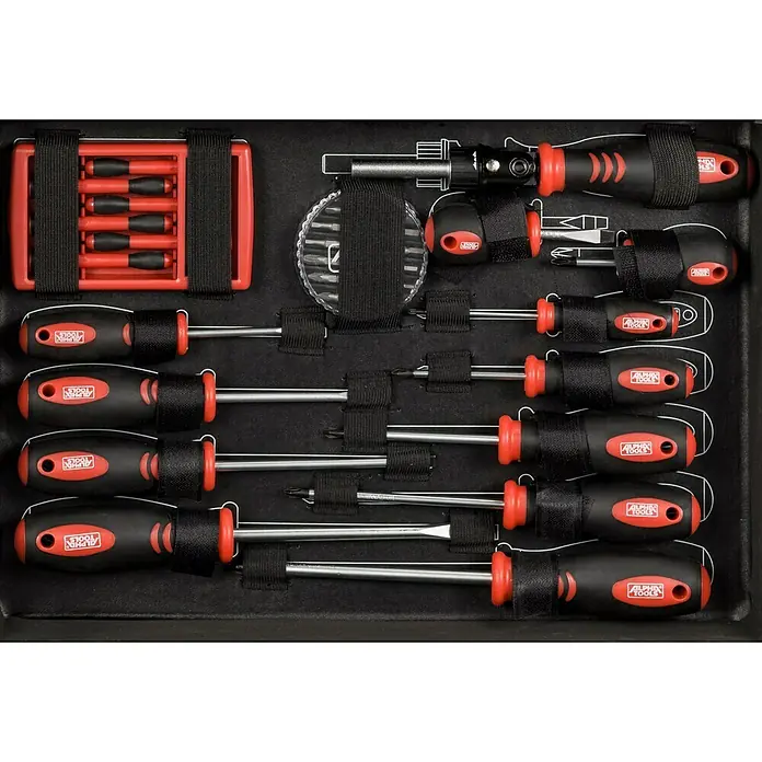 Alpha Tools Werkzeugkoffer Big Box - L x B x H: 450 x 305 x 167 mm, 119 -tlg. - Eine Werkzeugkiste mit einer Auswahl an Alpha Tools Schraubendrehern mit roten Akzenten und verschiedenen Aufsätzen, sicher verstaut in einer schwarzen Box.