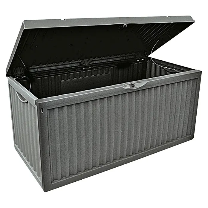 Jelenia Plast Arcón para cojines de exterior Wave - L x An x Al: 120 x 52 x 54 cm, Antracita - Imagen de una caja de jardín gris abierta con ranuras verticales. Ideal para guardar utensilios de jardín y cojines.
