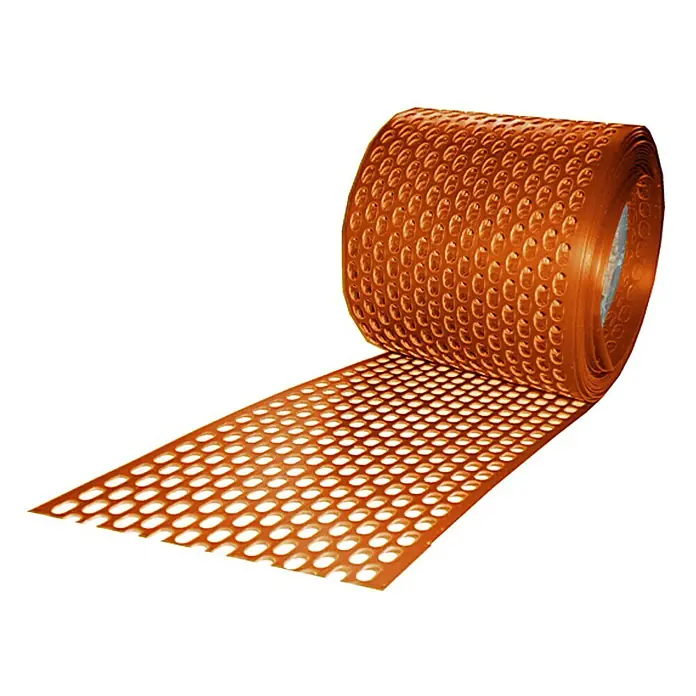Sarei Vogelschutzgitter - 5 m x 100 mm, Rot - Nahaufnahme einer Rolle perforierten Bau-Befestigungsbandes in Orange.