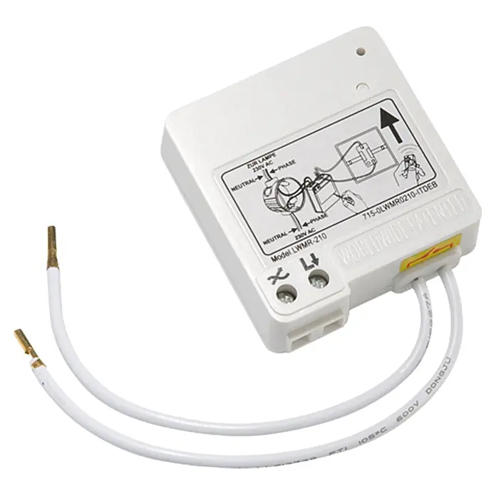 Intertechno Funk-Schaltermodul ITL-230 - 230 W, Reichweite ca.: 30 m - Nahaufnahme eines weißen Lichtschalters LWMR-210 mit Anschlussplan und Kabeln.